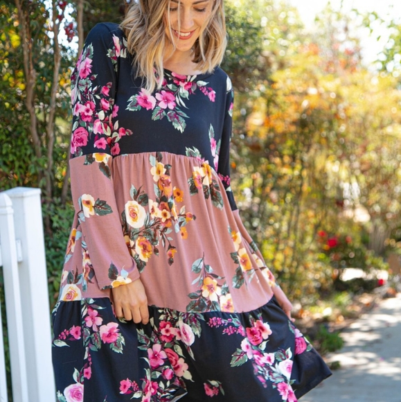 FLORAL PRINT TIERED COLOR BLOCK DRESS - Picture 1 of 5